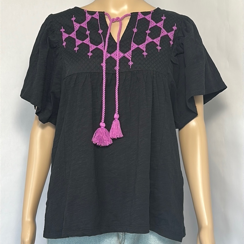 Knox Rose Blouse Women's Black Purple Tassel Short Sleeve Pleat Cotton